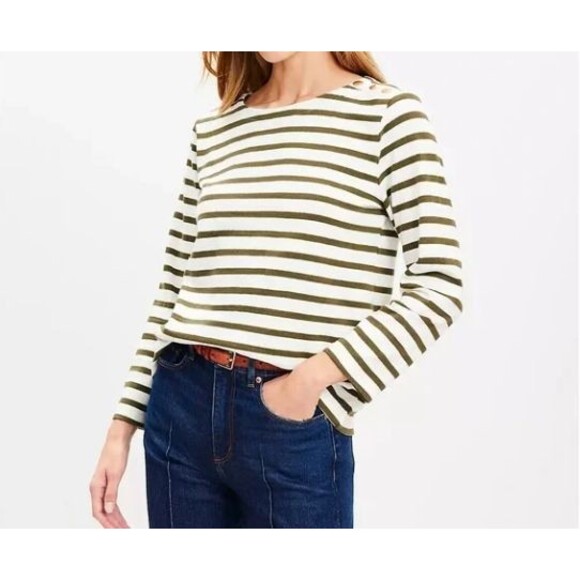 NWT LOFT Striped Shoulder Snap Long Sleeve Top Size M - Picture 1 of 6